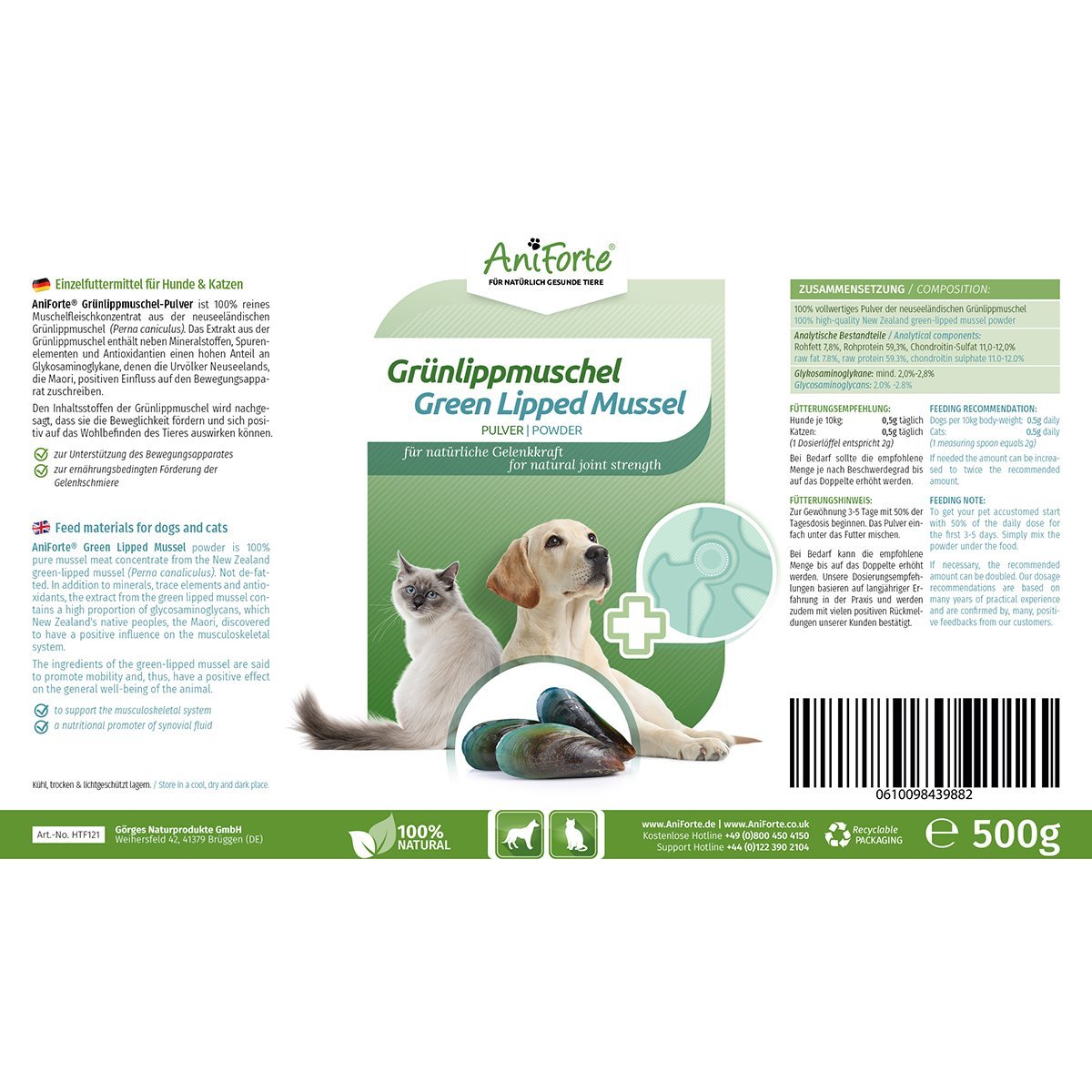 Aniforte - Grünlippmuschel-Pulver - Natürliche Gelenkkraft für Hunde & Katzen