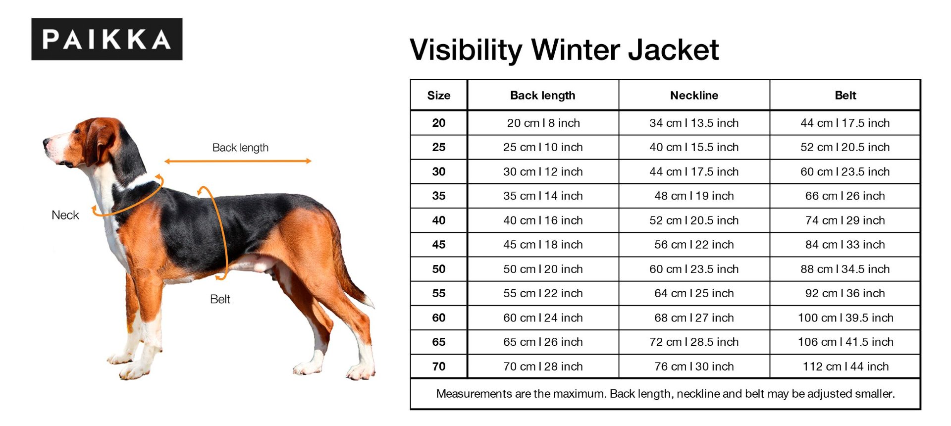 PAIKKA Visibility Winterjacke - Größentabelle