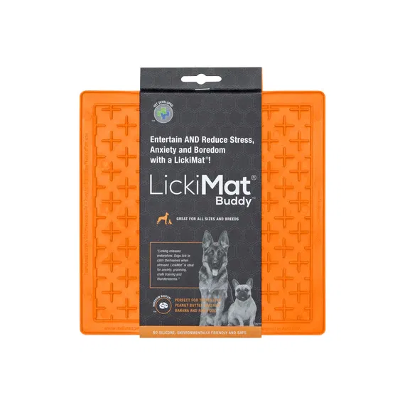 Quadratische Lickimat Buddy in der Farbe Orange mit Kreuzen