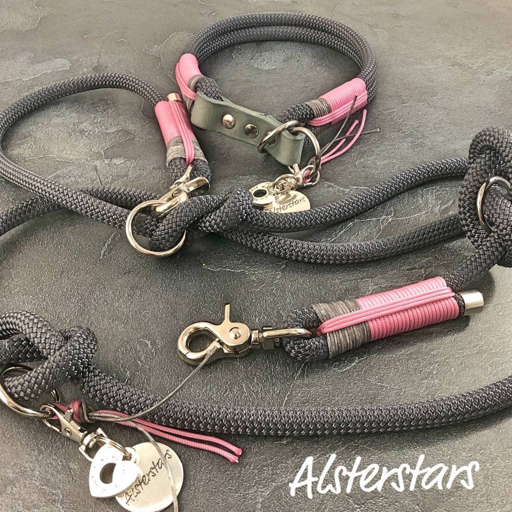 Tauhalsband und Tauleine - Dark Grey meets Leather and Rose! 