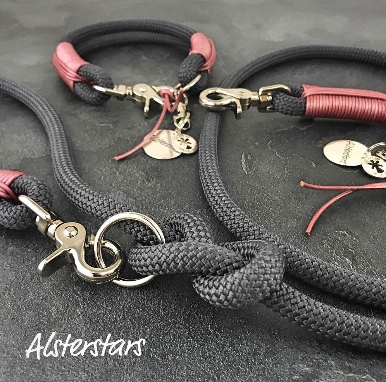 Tauleinenset in den Farben Silber-Grau und Alt-Rosa, Hundehalsband und Tauleine