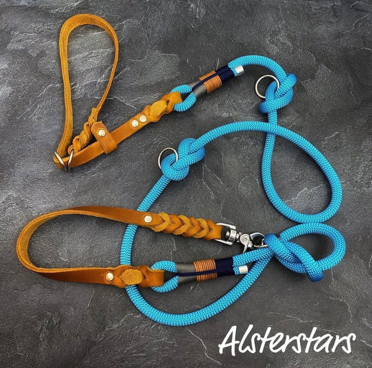 Retrieverleine aus himmelblauem Tauwerk mit Halsband und Handschlaufe aus mittelbraunem Fettleder