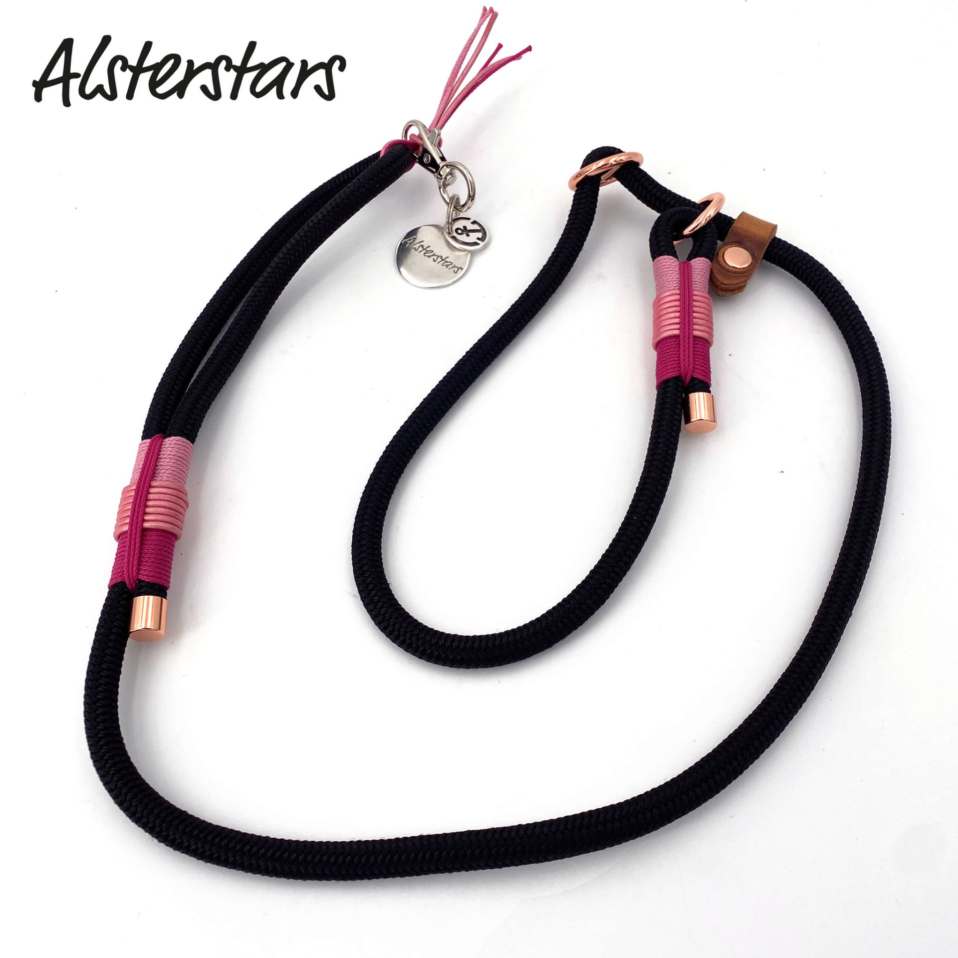 Retrieverleine aus schwarzem Tau mit Takling in Rosa und Pink