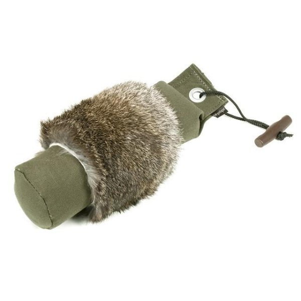Dummy mit Baumwollbezug in Khaki und einem breiten Ring aus Kaninchenfell herum