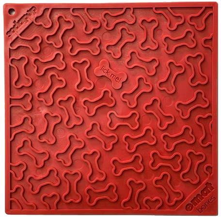 Schleckmatte in Rot mit kleinen Knochen als Relief